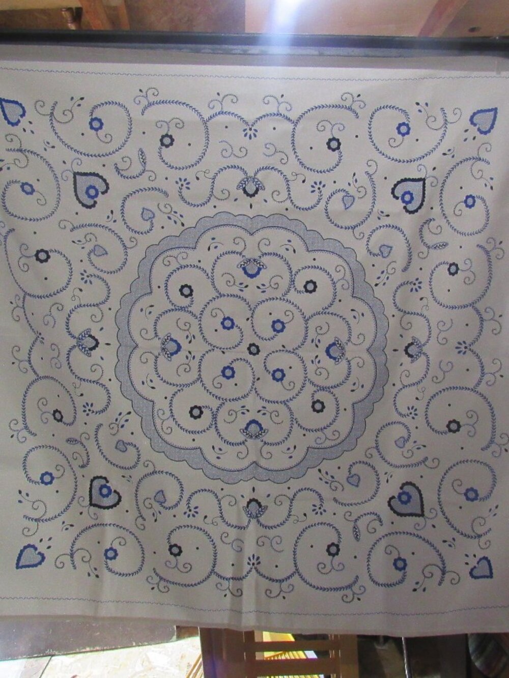 Blue and White Hearts 100% Cotton Tablecloth 45" x 46", Made in Portugal    L636
